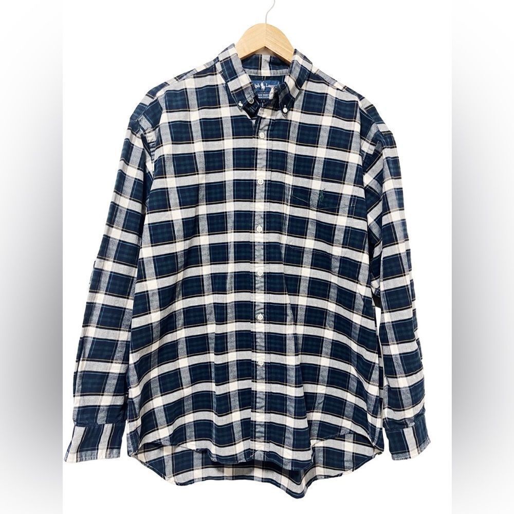 Ralph Lauren Men's Big Shirt 100% Cotton Plaid Button Down Blue Green Shirt L